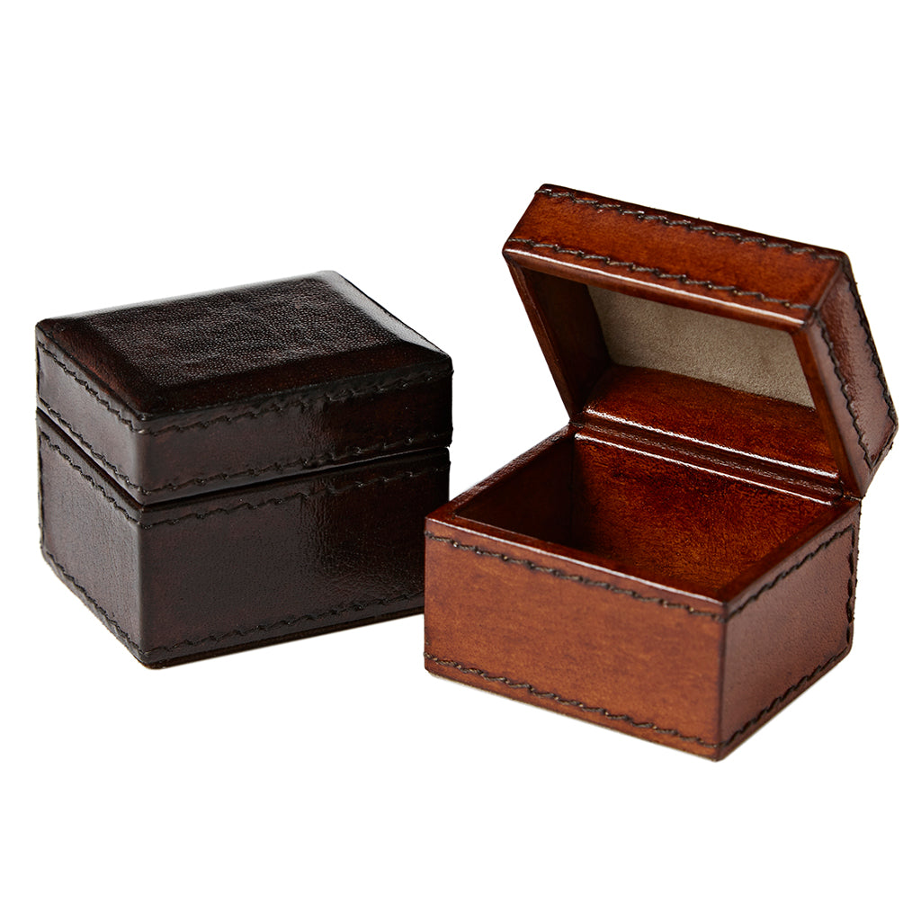 Leather tiny obling trinket gift boxes in dark chocolate and conker brown