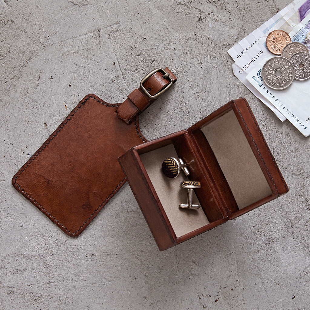 Leather two piece travel set with leather luggage tag and mini cufflink box in conker brown, case is shown open here.