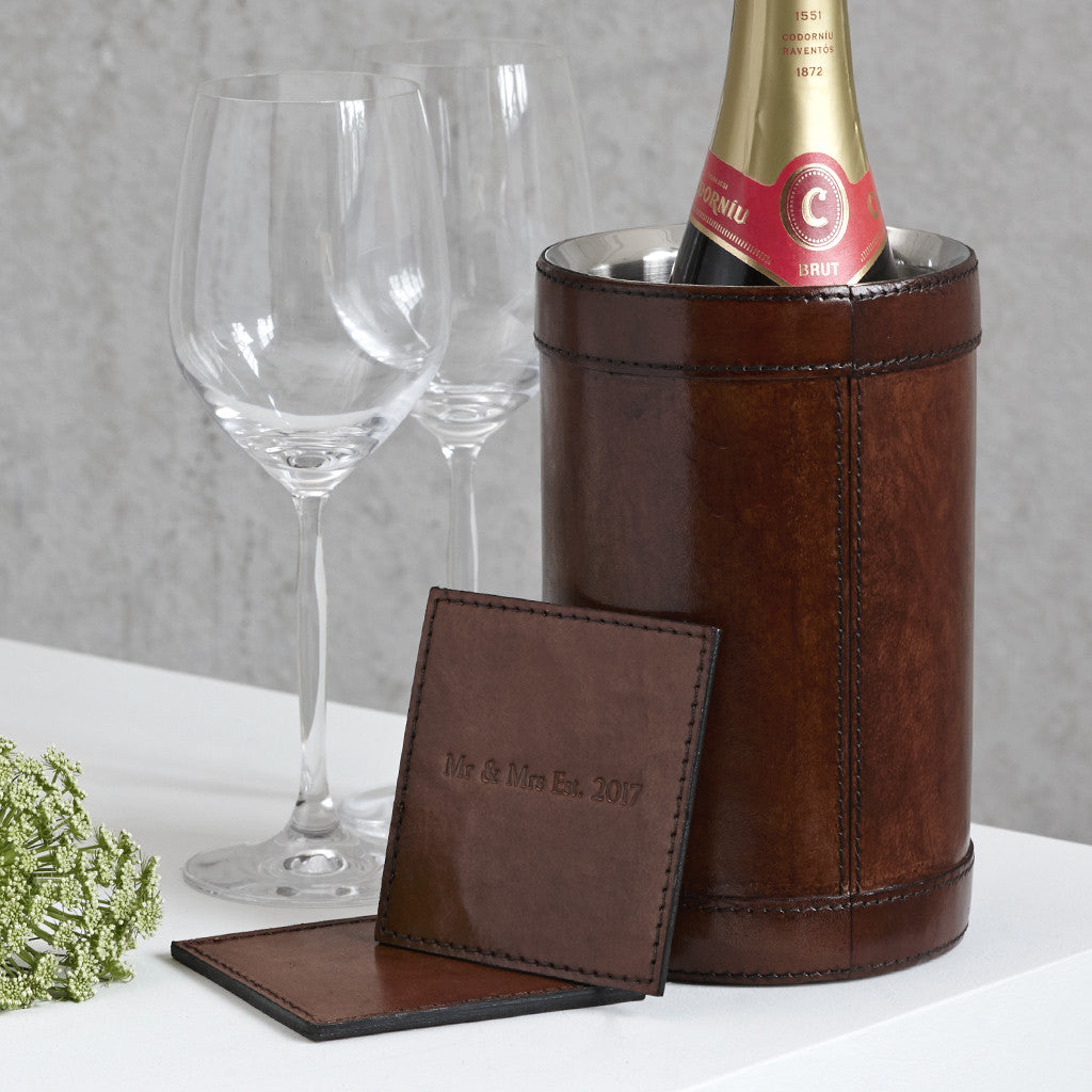 Conker brown leather wine cooler celebration gift set with matching pair of personalised square coasters  